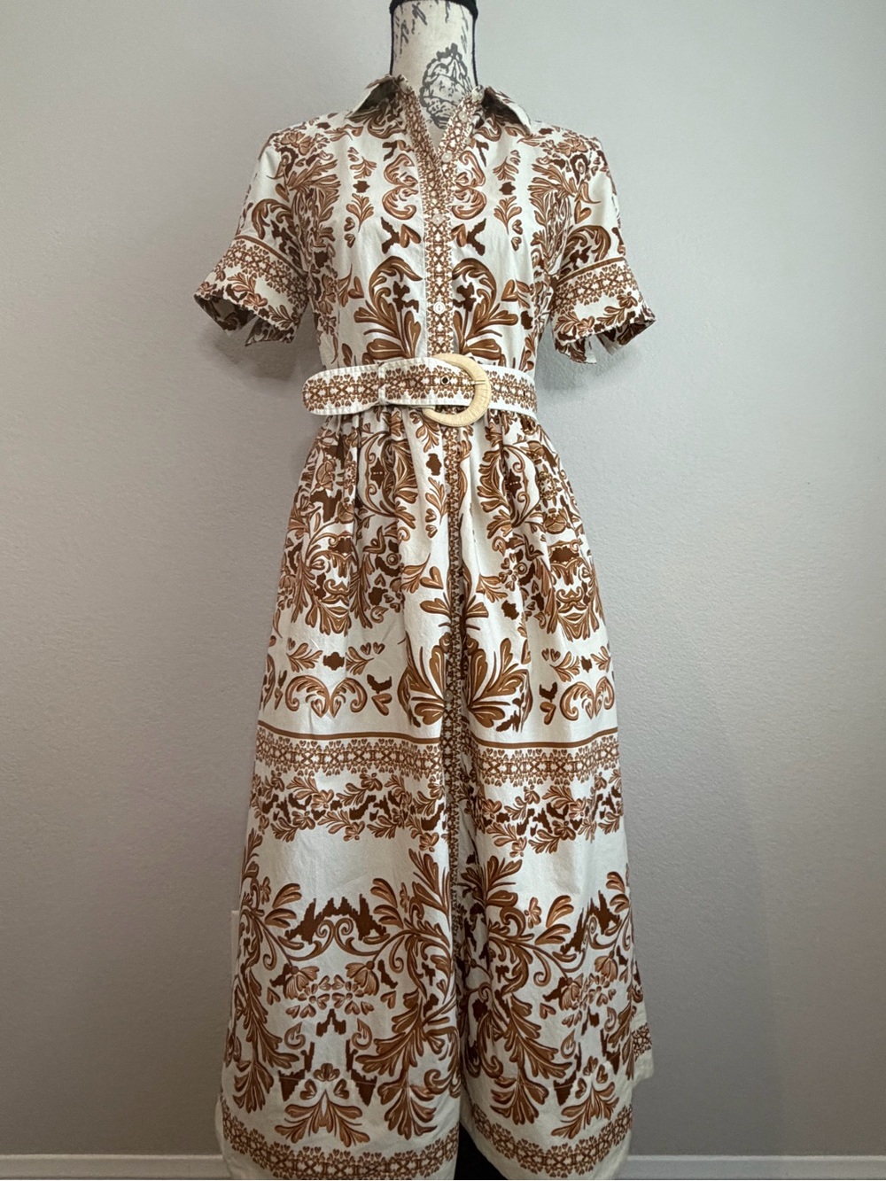 Cara Cara White and Brown Printed Shirt Dress with Belt - Picture 2 of 8